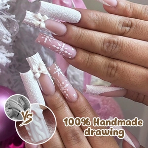 Macro detail of 3D sweater texture and snowflake patterns on handmade press-on nails