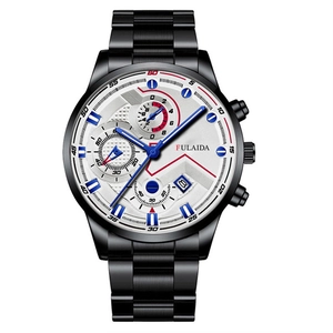 Detailed dial of men's steel chronograph watch with calendar and three sub-dials