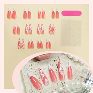 Kit faux ongles fleurs français avec pointes amandes roses et décorations strassées