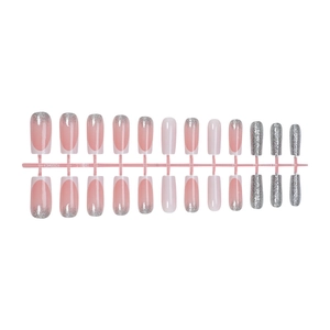 Pink press-on nails with silver glitter French tips and 24-piece full set display