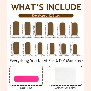 Size chart for French glitter square press-on nails including file and adhesive tabs