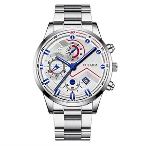 Macro view of silver chronograph watch dial with blue markers and Fulaida brand logo