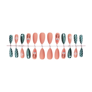 Almond-shaped Christmas press-on nails featuring reindeer patterns and green glitter finish