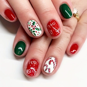 Weihnachten Press On Nails Rot Grün Glänzend Kurz Quadratisch Falsche Nägel Feiertag Zuckerstangen Muster Harz