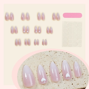 Pink gradient almond press-on nails set with 3D white hearts and application tools