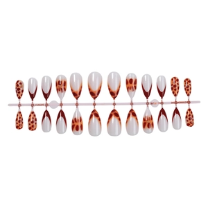 Brown ombre French press-on nails with burgundy accents and leopard print designs