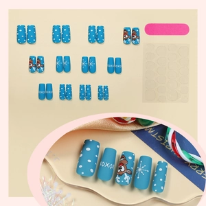 Christmas matte blue false nail set with reindeer, snowflake patterns and tools