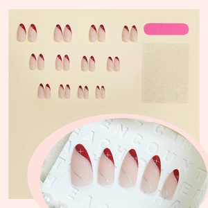 Almond press-on nails set with nude pink and dark red matte finish with glitter