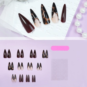 24pcs long almond leopard print press-on nails in burgundy with silver stud accents