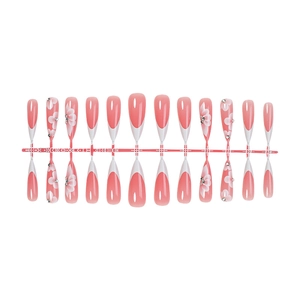 Coffret de 24 faux ongles french roses avec motifs fleurs blanches et détails de perles