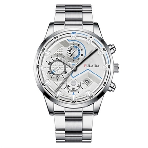 Detail of silver men's chronograph watch with blue accents and stainless steel band