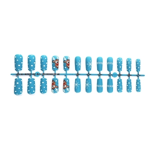 Blue matte Christmas false nails set with reindeer and snowflake patterns on frames