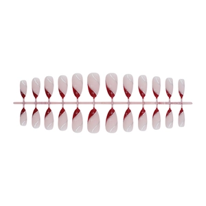 Almond press-on nails with red and white diagonal stripes, silver glitter and star accents