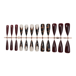 Leopard print and burgundy stiletto press-on nails with silver bead accents, 24-piece set