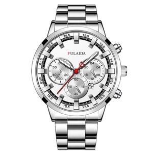 Detailed macro view of silver steel watch dial with chronographs and date window
