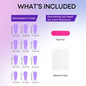 Size chart for leopard print press-on nails with 12 sizes, nail file, and adhesive tabs