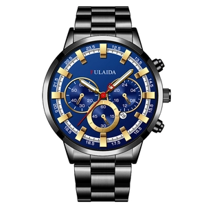 Men's chronograph watch with blue dial, gold markers, and black steel bracelet