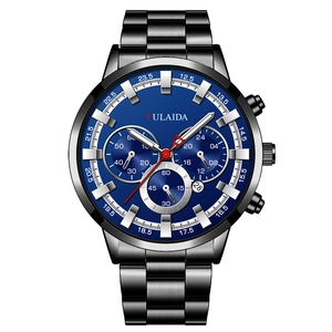 Detail view of the deep blue chronograph dial and black brushed steel watch strap
