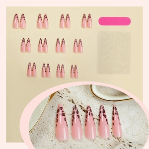 French leopard print press-on nails set with long almond shape and pink French tips