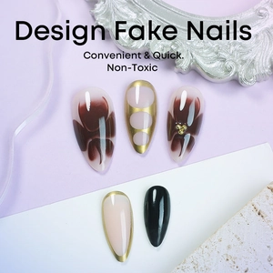Almond-shaped press-on nails with golden beads and watercolor flower designs
