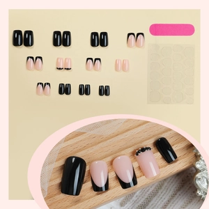 Short square black French press-on nails with shiny rhinestones and application kit