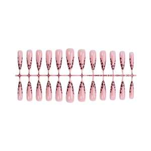 Long stiletto press-on nails with soft pink base and brown leopard print french tips