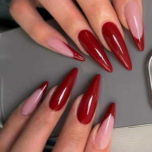 Long Stiletto Press On Nails French Deep Red And Nude Pink Glossy False Nails With Glue Tabs And File For Women