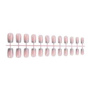 French style silver glitter press-on nails with butterfly design on nude base, 24 count