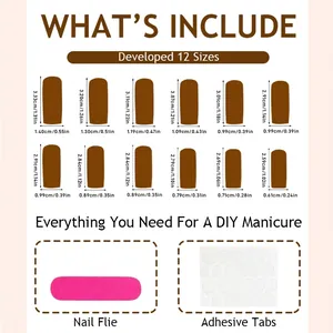 Size guide for long green French tip press-on nails with glitter and tools
