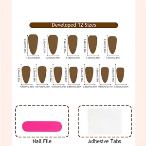 Size chart for matte burgundy press-on nails with gold glitter lines and 12 sizes