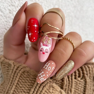 Unghie Finte Natale Renna Fiocco Di Neve Ho Ho Opache Glitter Rosso Rosa Oro Mandorla Unghie Artificiali Per Donne DIY