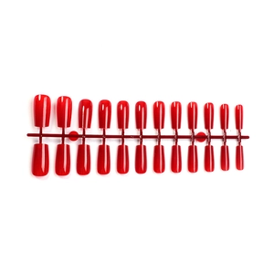 Glossy bright red long coffin press on nails kit with 24 pieces on display stand