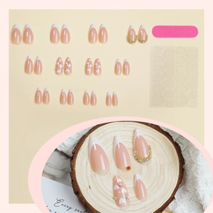 Almond French fake nails with white hearts and rhinestones, pink press-on nail kit