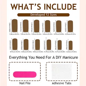 Size chart for solid color long press on nails featuring 12 nail sizes and accessories
