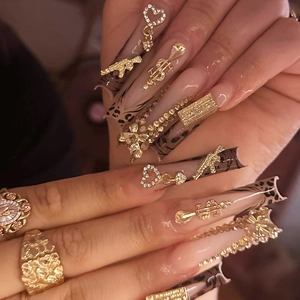 Faux Ongles Longs Cercueil Imprimé Léopard Avec Nœud Doré 3D Strass Dollar Breloques Métalliques Ongles Artificiels