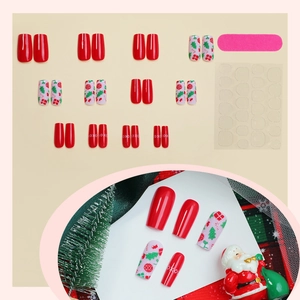 Christmas press-on nail kit with 24 red and patterned nails, including file and jelly glue