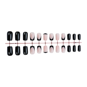 Short square black French press-on nails with shiny rhinestones and 24 pieces set