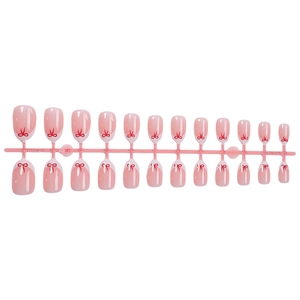 Pink gradient French press-on nails with red bow designs, short oval shape 24pcs set