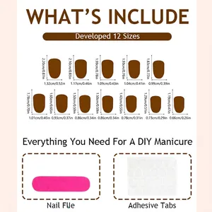 Short oval Christmas press-on nail kit sizing chart with 12 sizes and accessories