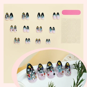 Green and pink gradient press-on nails with stars, pearls and 3D rhinestones
