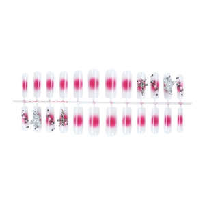 Long coffin press on nails with pink blush gradient and silver cross charms