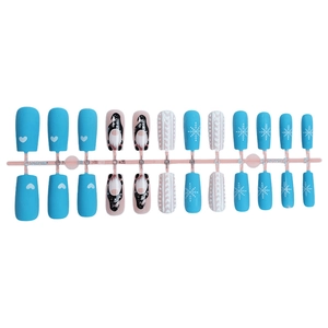 Winter Christmas press-on nails with Santa gnome and snowflake patterns in blue and white