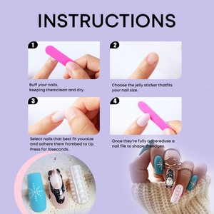 Four-step tutorial showing how to apply Christmas press-on nails with sweater patterns