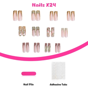 Faux ongles longs ballerine avec motif léopard, nœuds 3D et strass dorés brillants