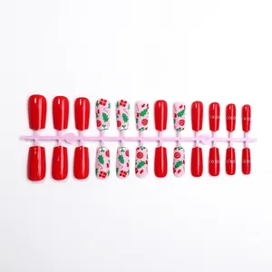Christmas red press-on nails set with candy cane and tree patterns 24 piece set