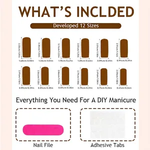 Extra long press on nails size chart with 12 sizes, nail file, and adhesive tabs