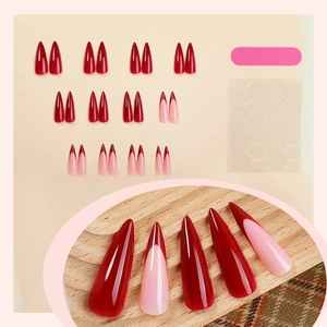 Classic red French tip almond press-on nail set with long solid dark red finish