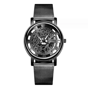 Men's fashion skeleton quartz watch with black Milanese mesh band and Roman numerals