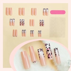 Long pink gradient leopard print press on nails set with rhinestones and nail kit