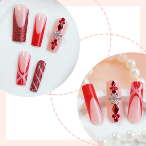 Christmas red french press-on nails with glitter sequins, rhinestones and snowflakes